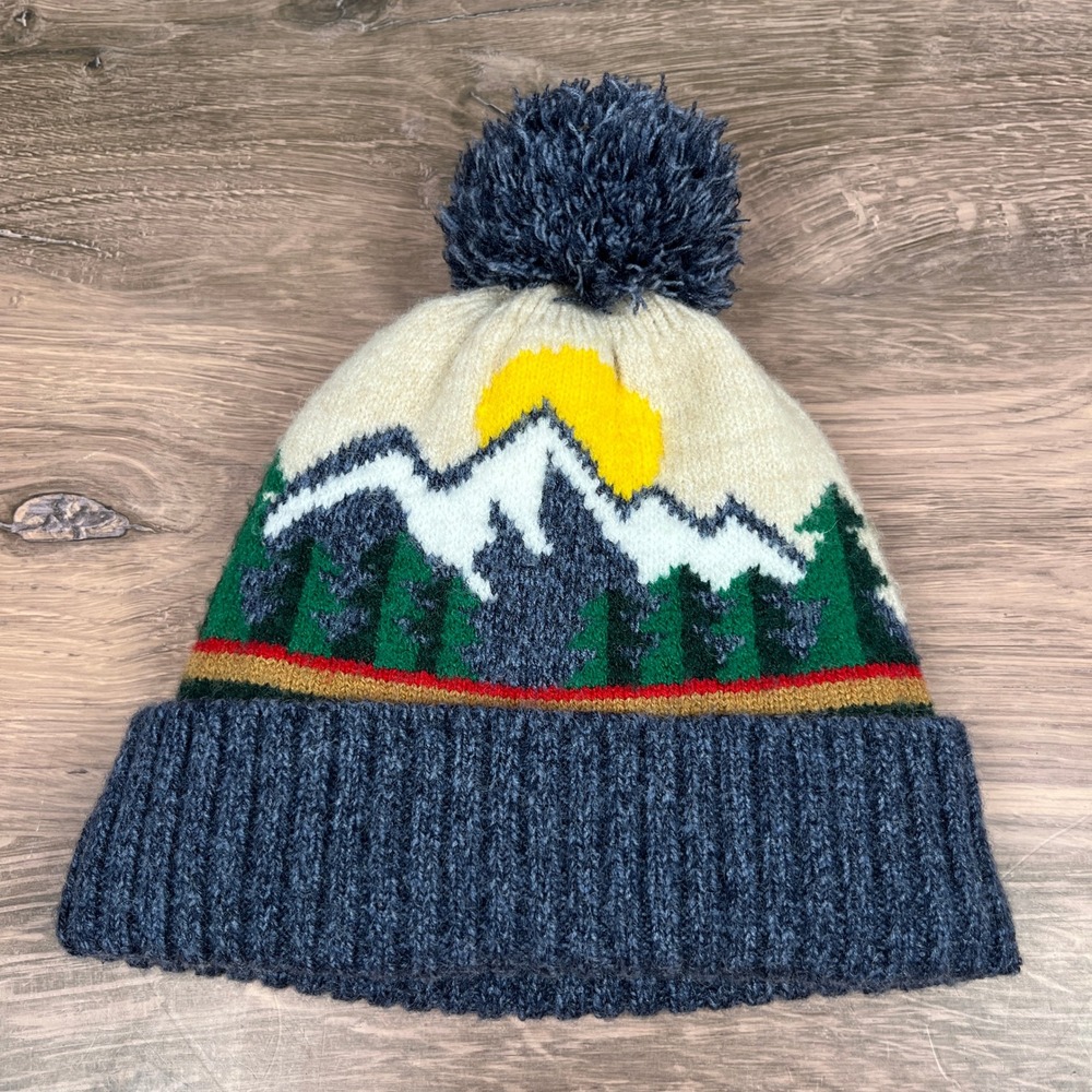 Target Mountain Landscape Knit Pom Beanie Kids One Size Blue Fleece Lined‎